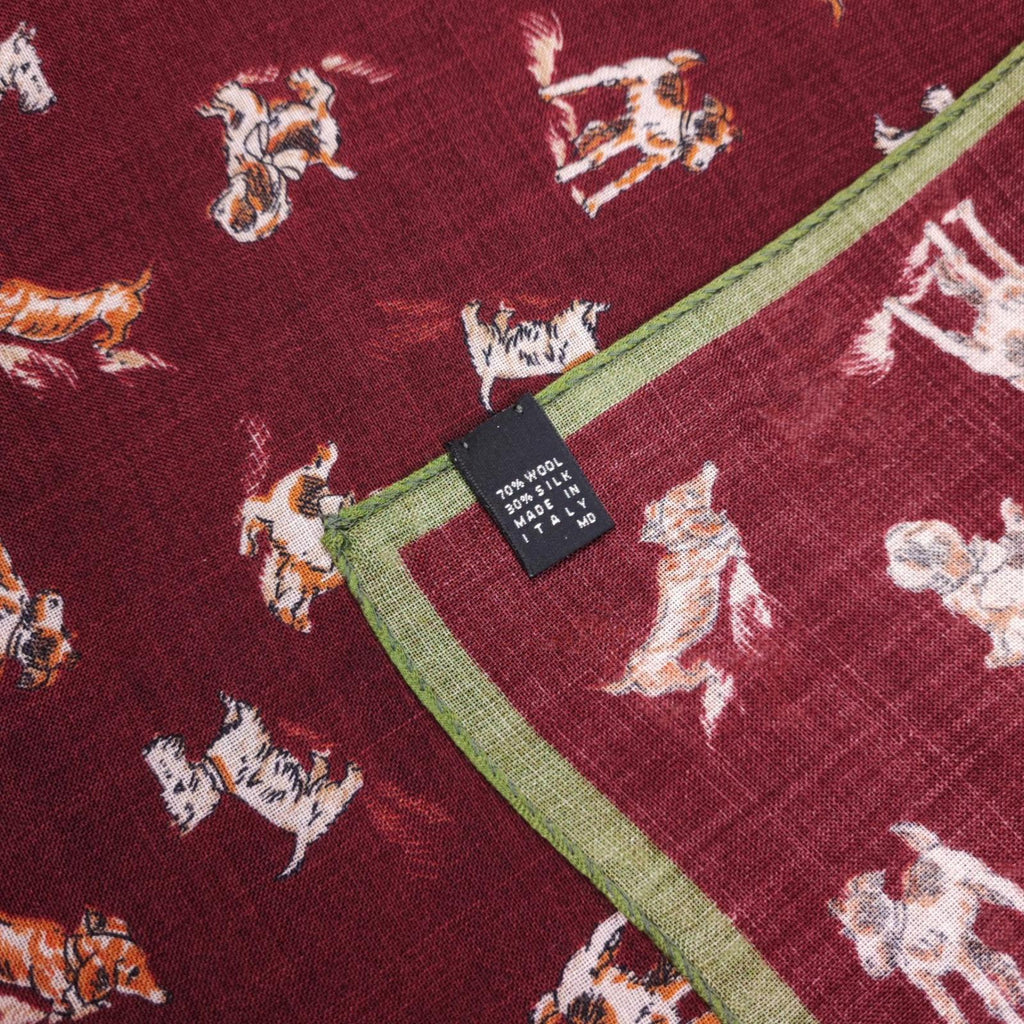 DRAKE'S Wool/Silk Made in Italy Burgundy Dog Print Pocket Square