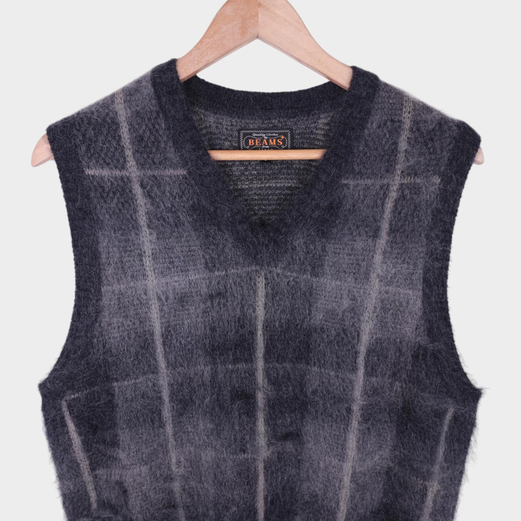 BEAMS PLUS Men's Grey Check Shaggy Mohair Wool Blend Vest