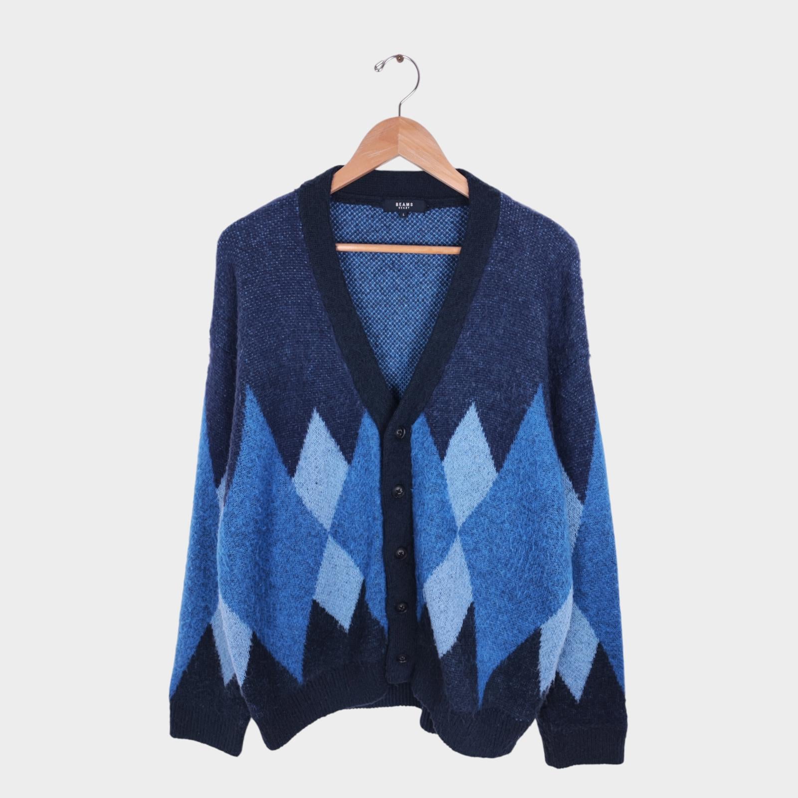 BEAMS HEART Men's Blue Mohair Blend Shaggy Grunge Argyle Cardigan