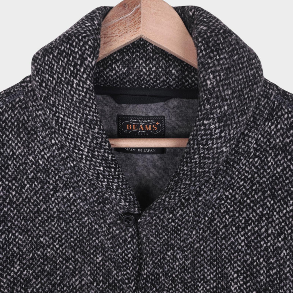 BEAMS PLUS Men's Dark Grey Melange Shawl Collar Fleece Lined Cardigan Jacket
