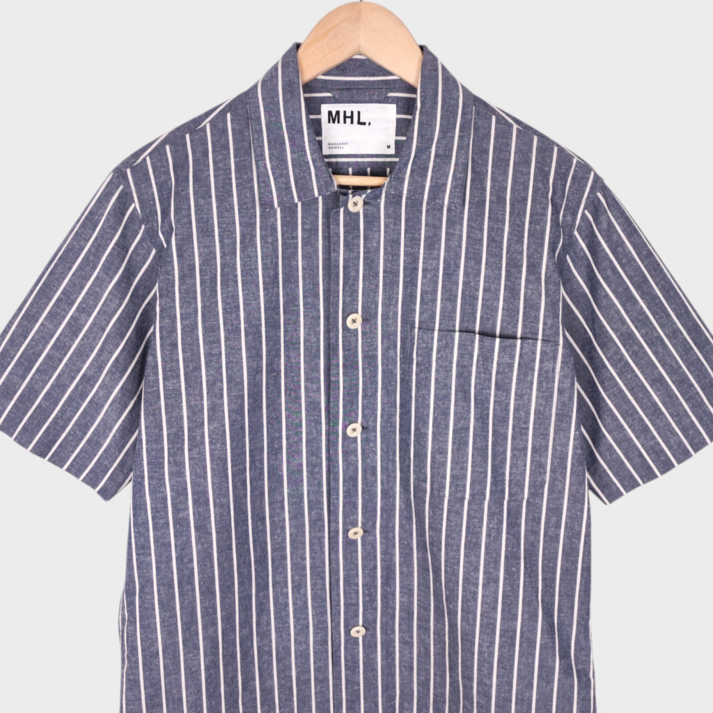 MHL MARGARET HOWELL Men's Blue Short Sleeved Striped Cotton/Linen Shirt