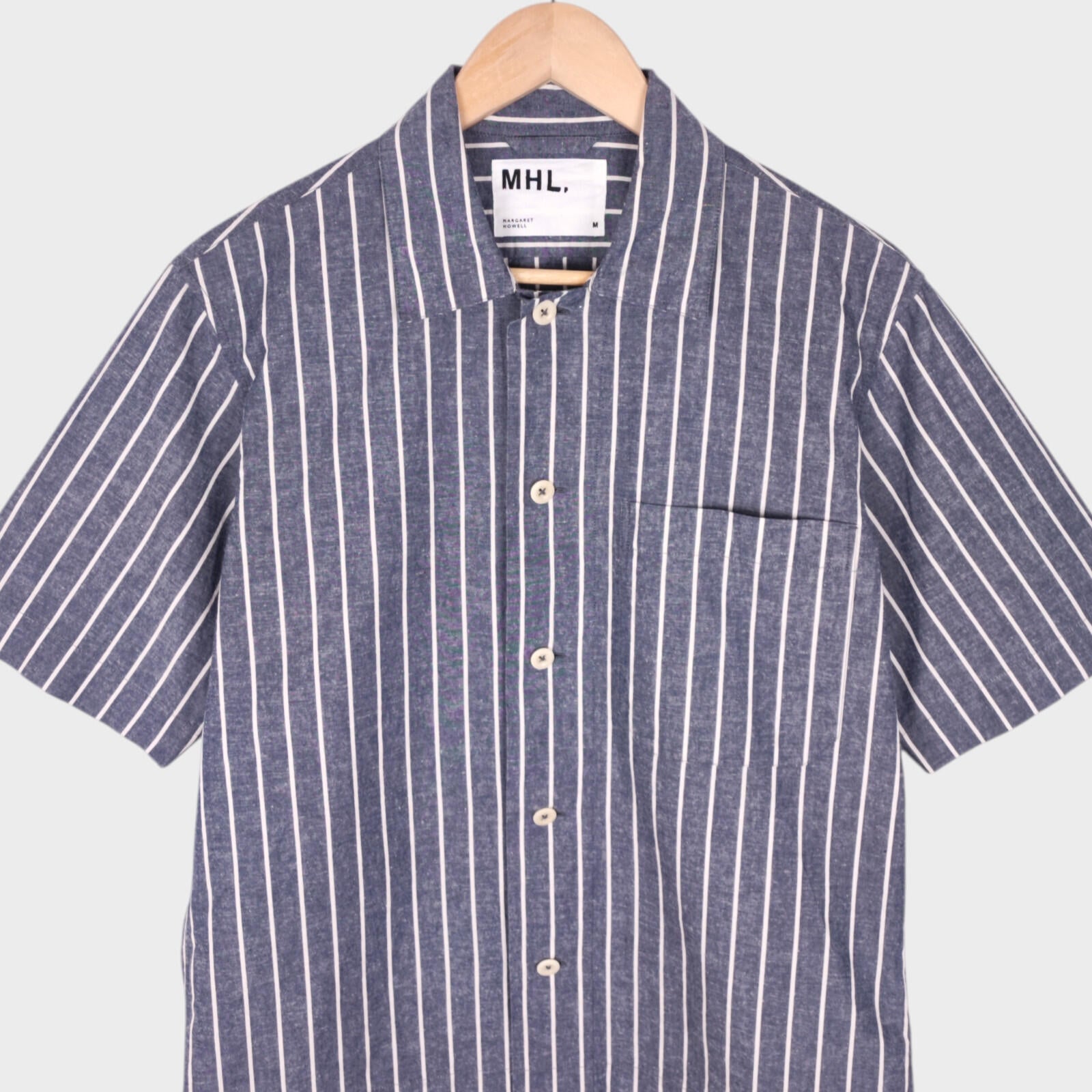 MHL MARGARET HOWELL Men's Blue Short Sleeved Striped Cotton/Linen Shirt