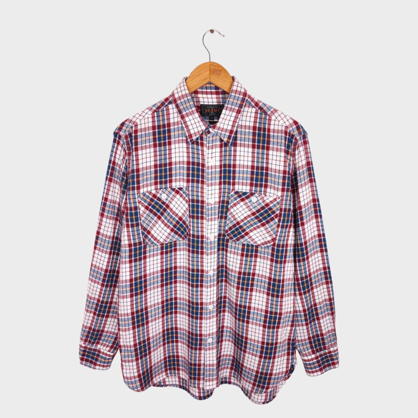 BEAMS PLUS Men's Made in Japan Multicoloured Check Cotton/Linen Work Shirt