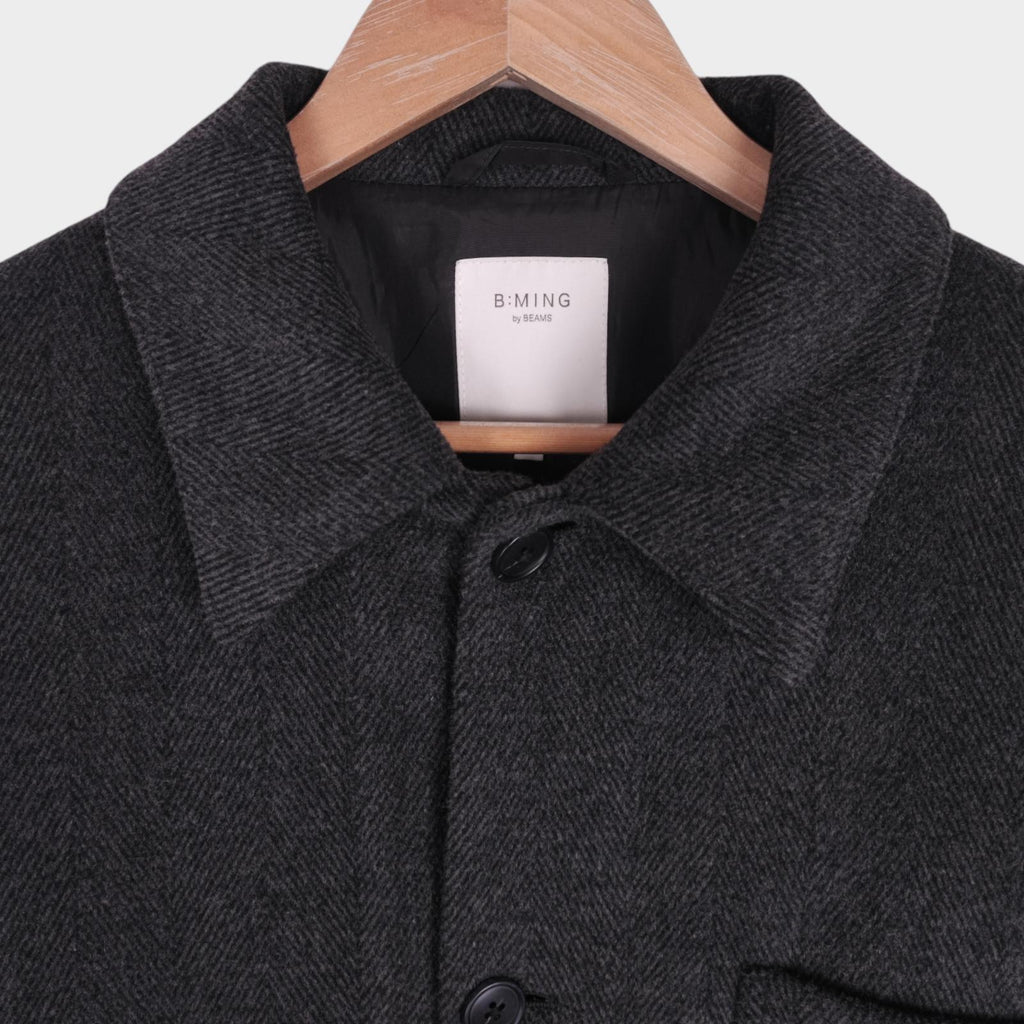 BEAMS B:MING Men's Grey Herringbone Tasmania Wool Blend Chore Jacket