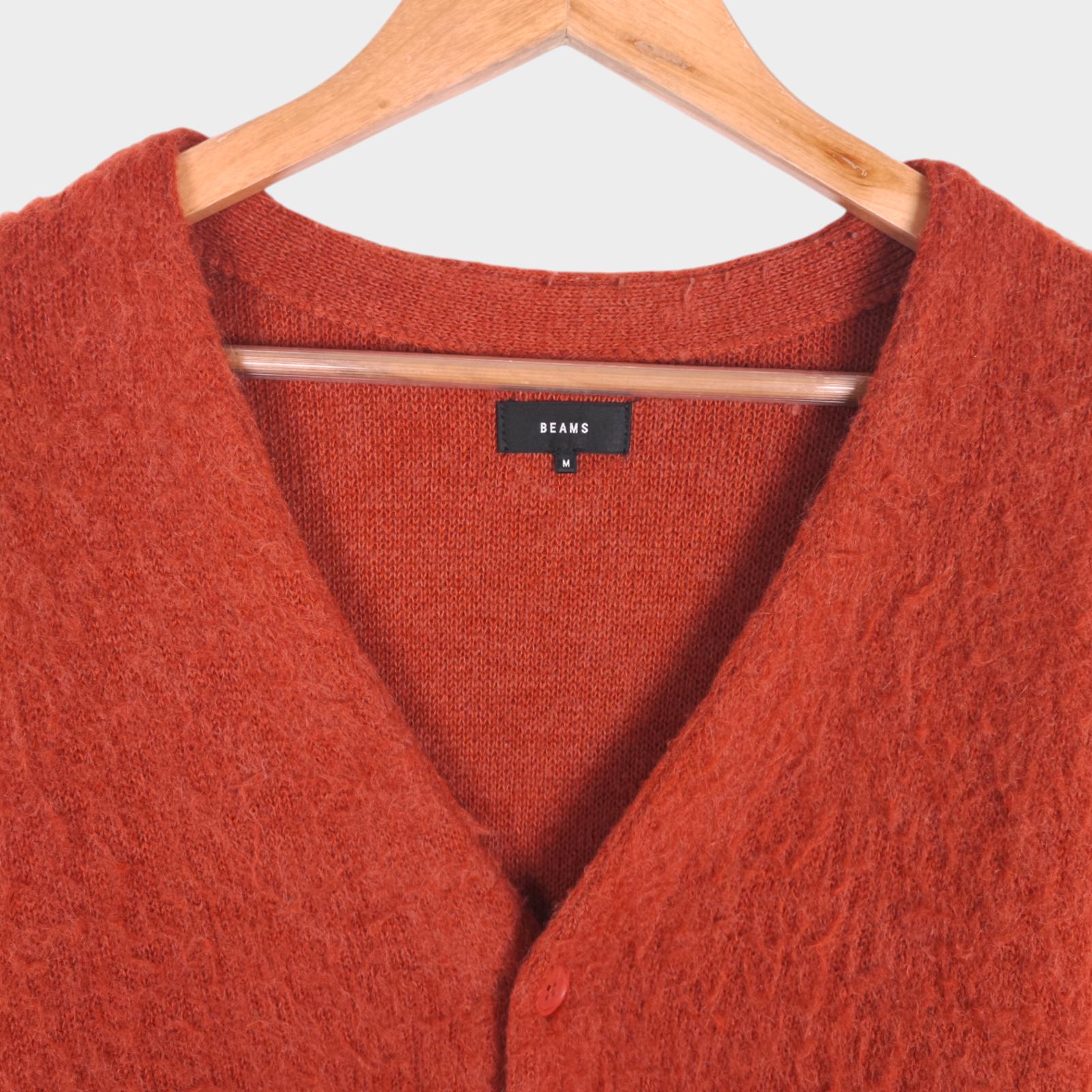 BEAMS Men's Orange Mohair Blend Shaggy Grunge Cardigan