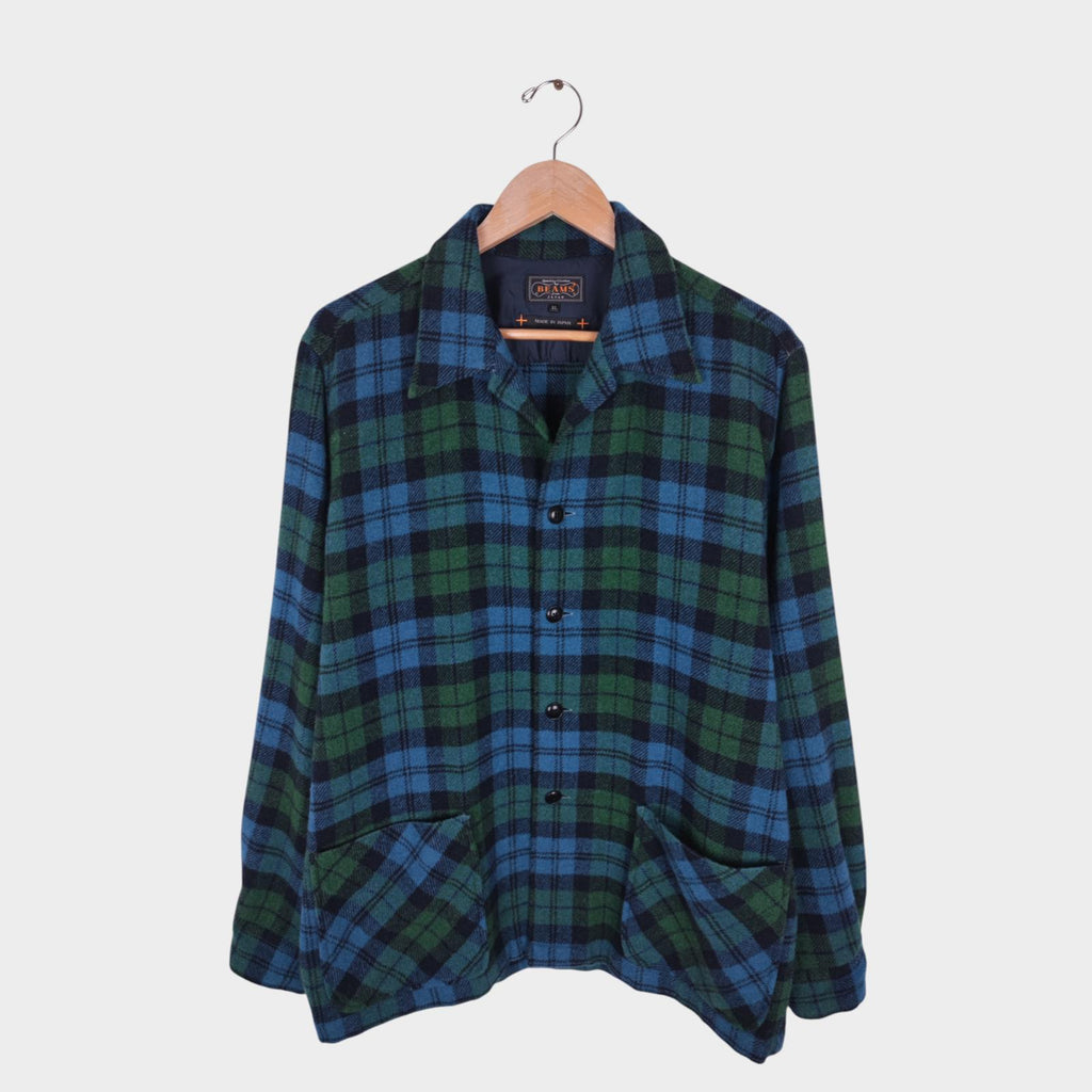 BEAMS PLUS Men's Made in Japan Green/Blue Checked Wool Blend Camp Jacket