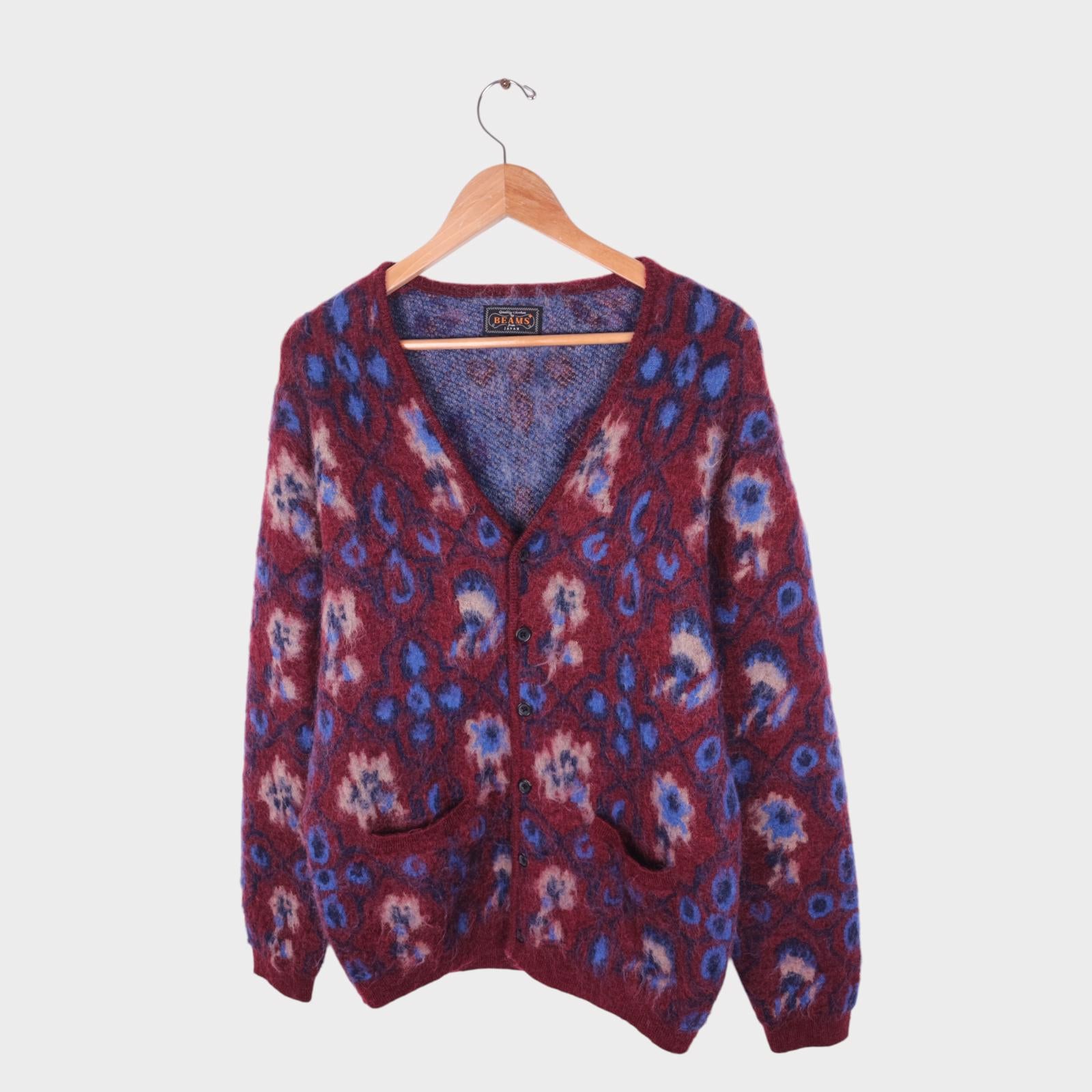 BEAMS PLUS Men's Mohair Blend Shaggy Grunge Botanical Jacquard Cardigan