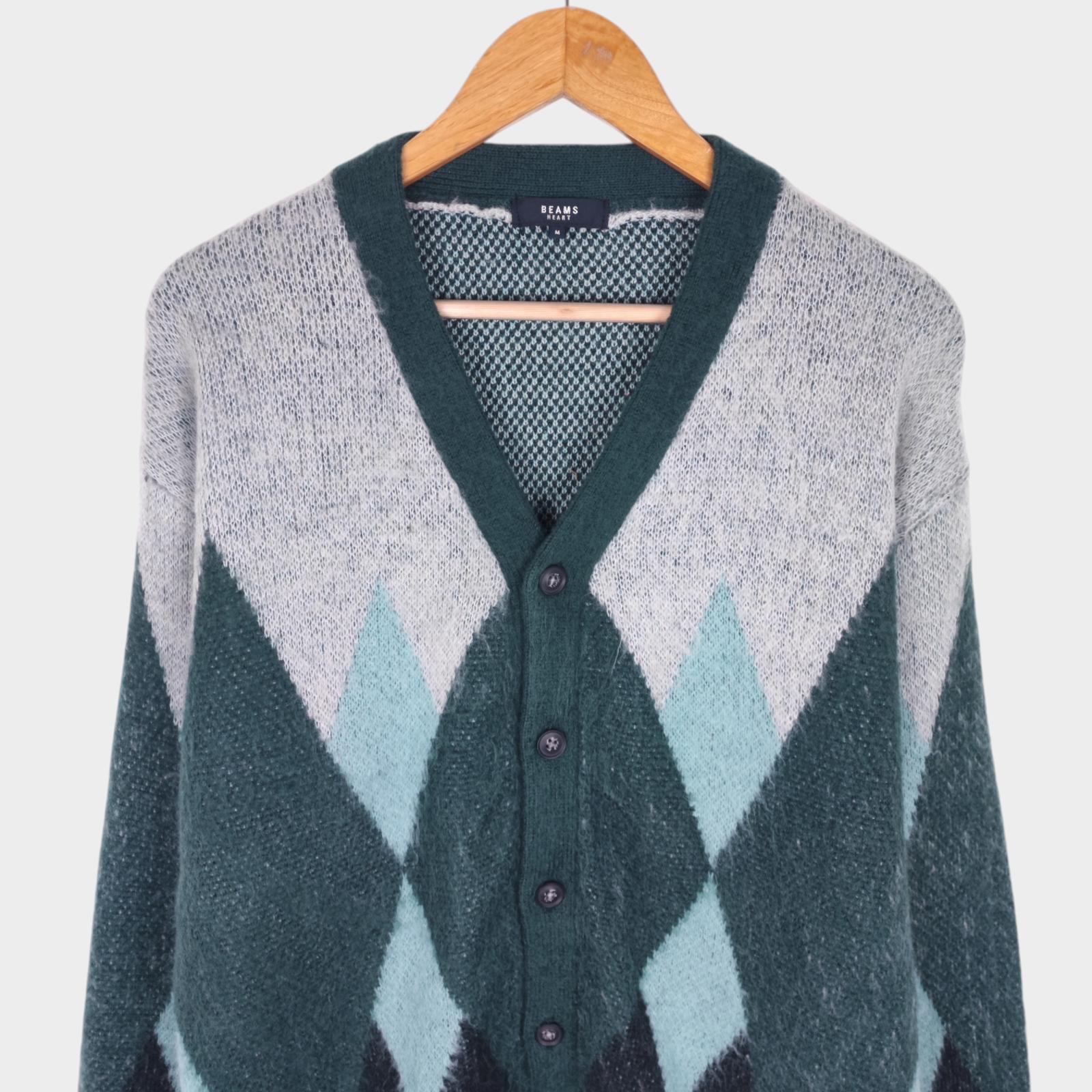 BEAMS HEART Men's Green Shaggy Grunge Argyle Cardigan
