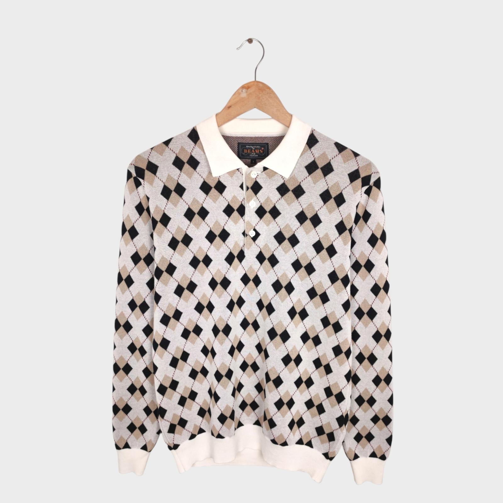 BEAMS PLUS Men's Multicoloured Argyle Cotton Polo Shirt