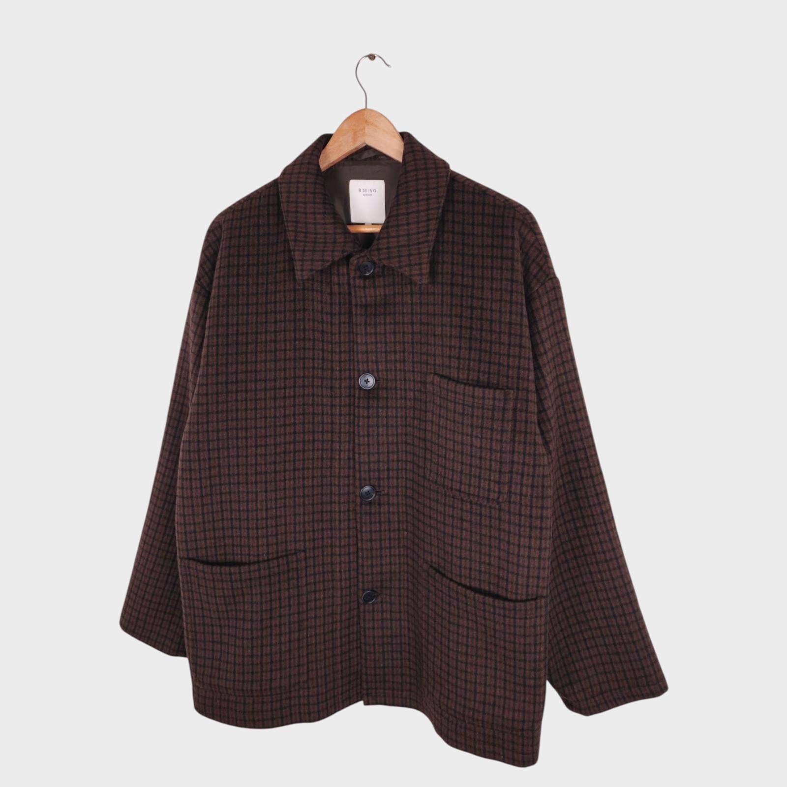 BEAMS B:MING Men's Brown Check Tasmanian Wool Blend Chore Jacket