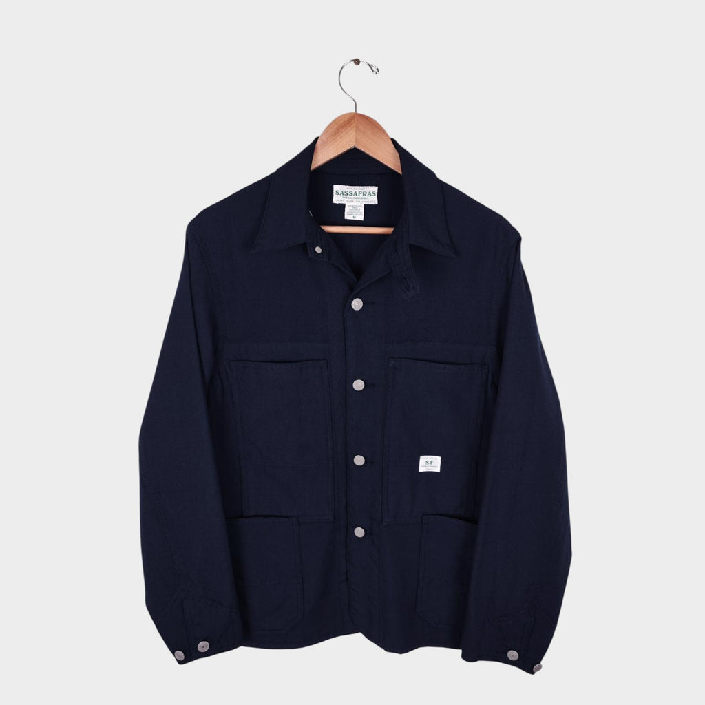 SASSAFRAS Men's Made in Japan Navy Blue 100% Wool Transplant Chore Jacket