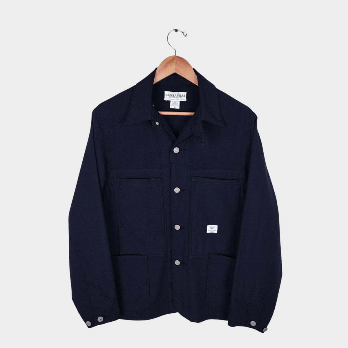 SASSAFRAS Men's Made in Japan Navy Blue 100% Wool Transplant Chore Jacket