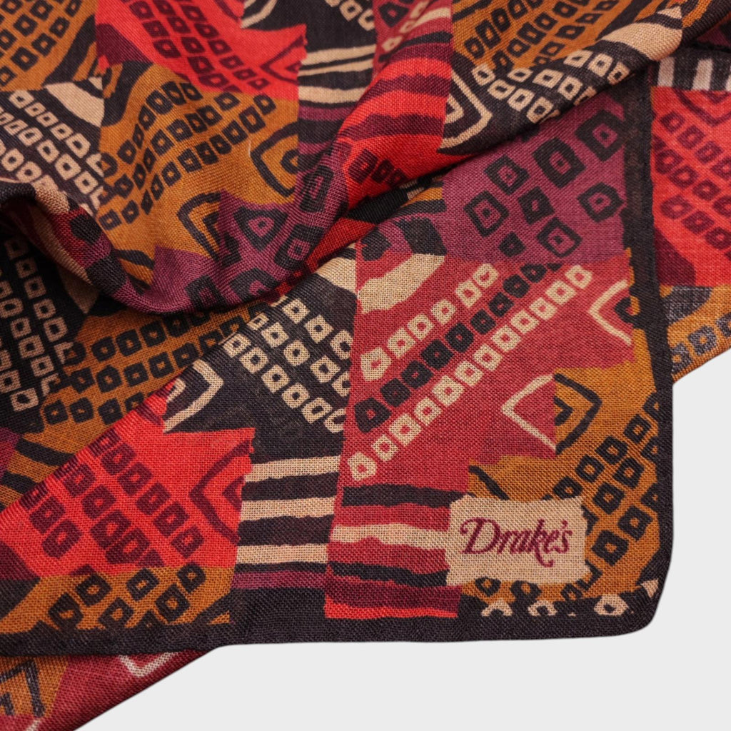 DRAKE'S Wool/Silk Made in Italy Patchwork Kelim Print Pocket Square