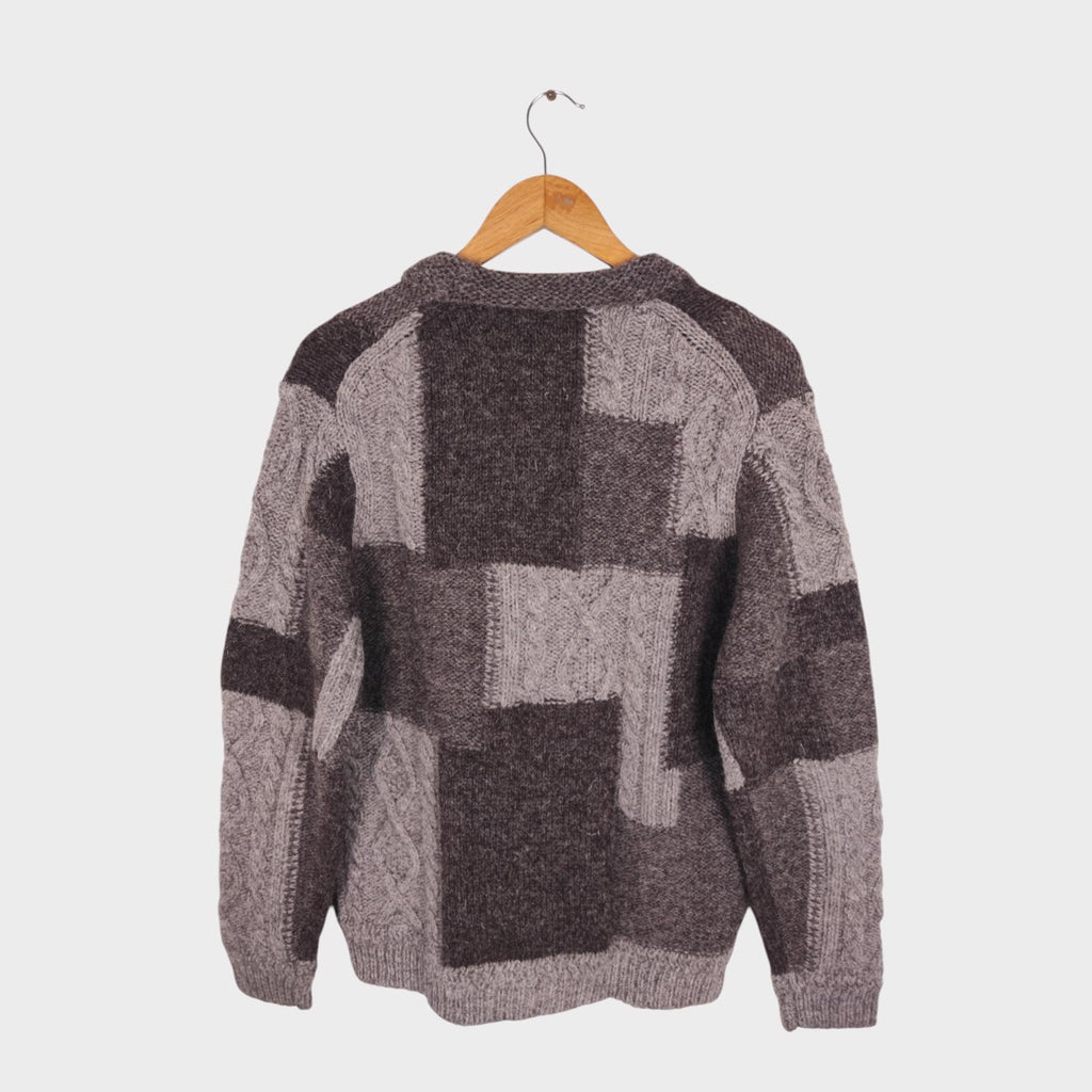 BEAMS PLUS Men's 100% Wool Patchwork Knit Cardigan