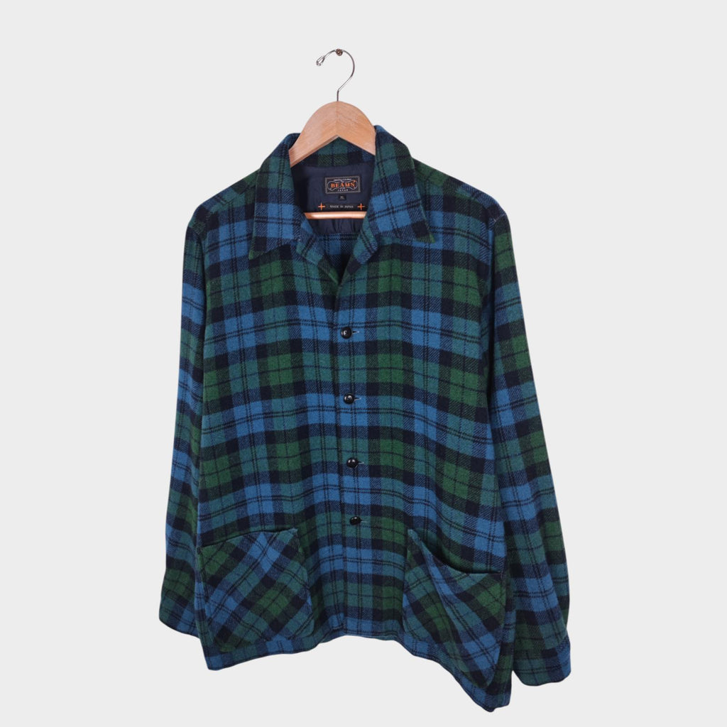 BEAMS PLUS Men's Made in Japan Green/Blue Checked Wool Blend Camp Jacket