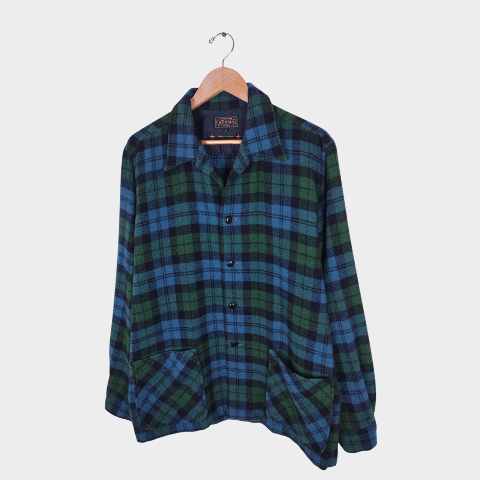 BEAMS PLUS Men's Made in Japan Green/Blue Checked Wool Blend Camp Jacket