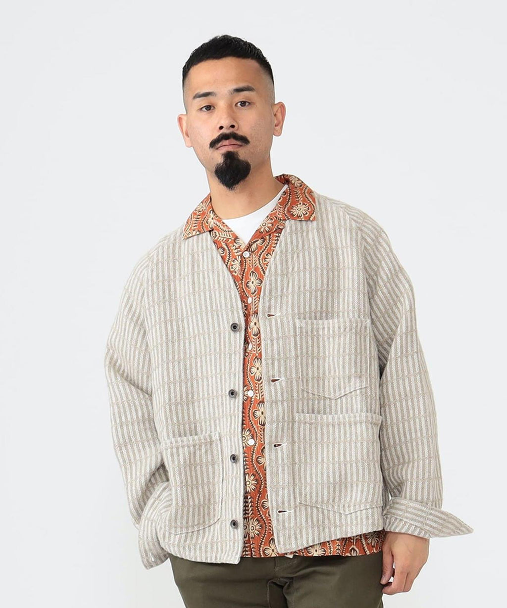 BEAMS PLUS Men's 100% Heavyweight Linen Hickory Stripe Engineer Chore Jacket