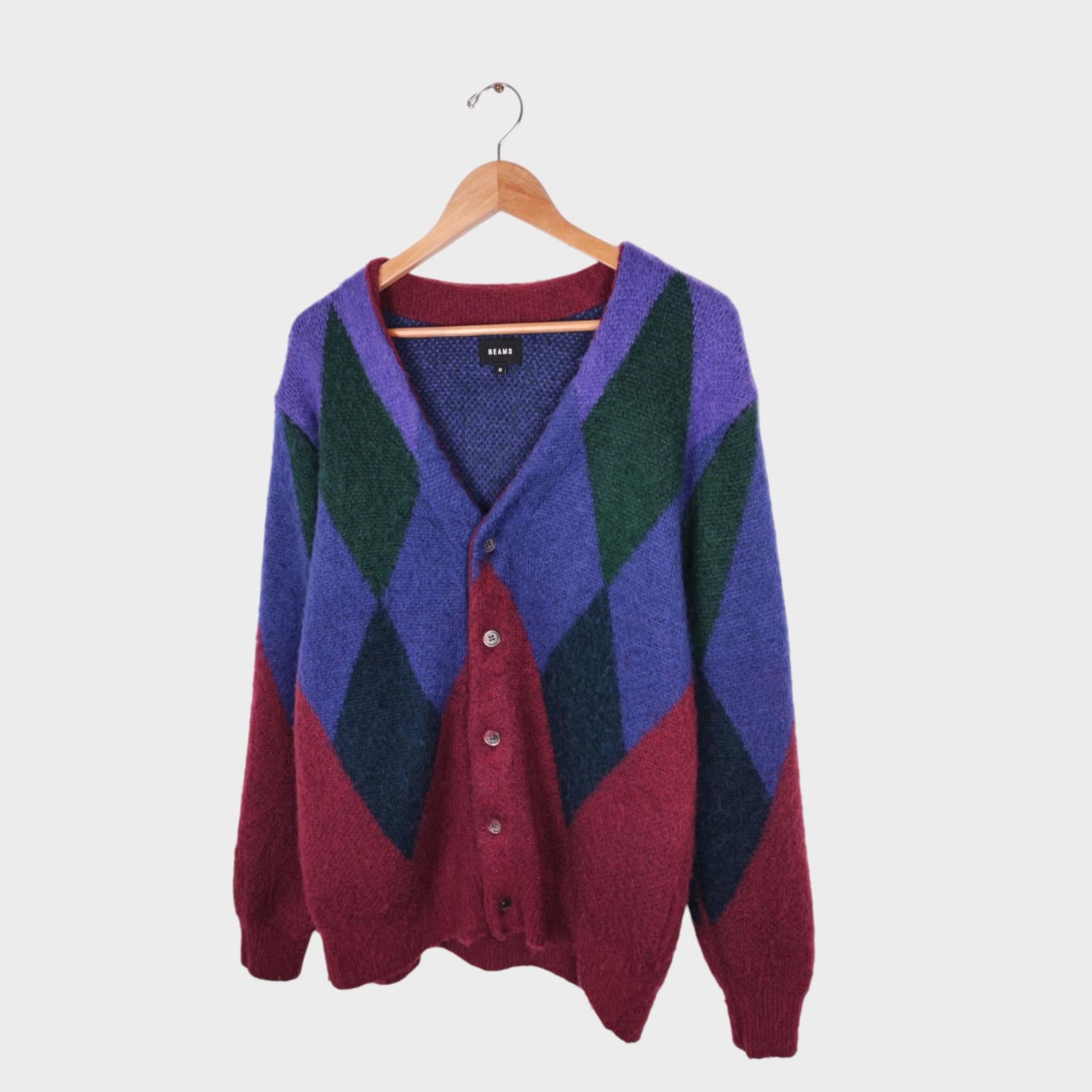 BEAMS Men's Mohair Wool Blend Shaggy Grunge Argyle Cardigan