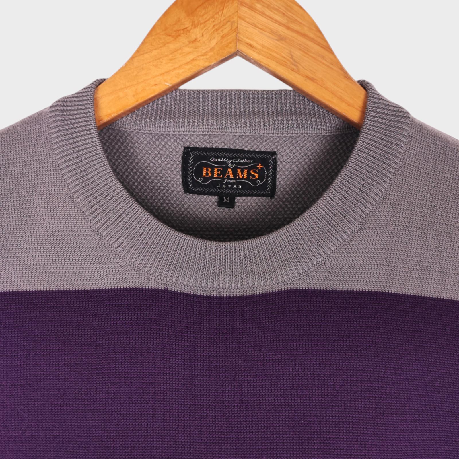 BEAMS PLUS Men's Grey/Purple Broad Striped 100% Wool Crewneck Jumper