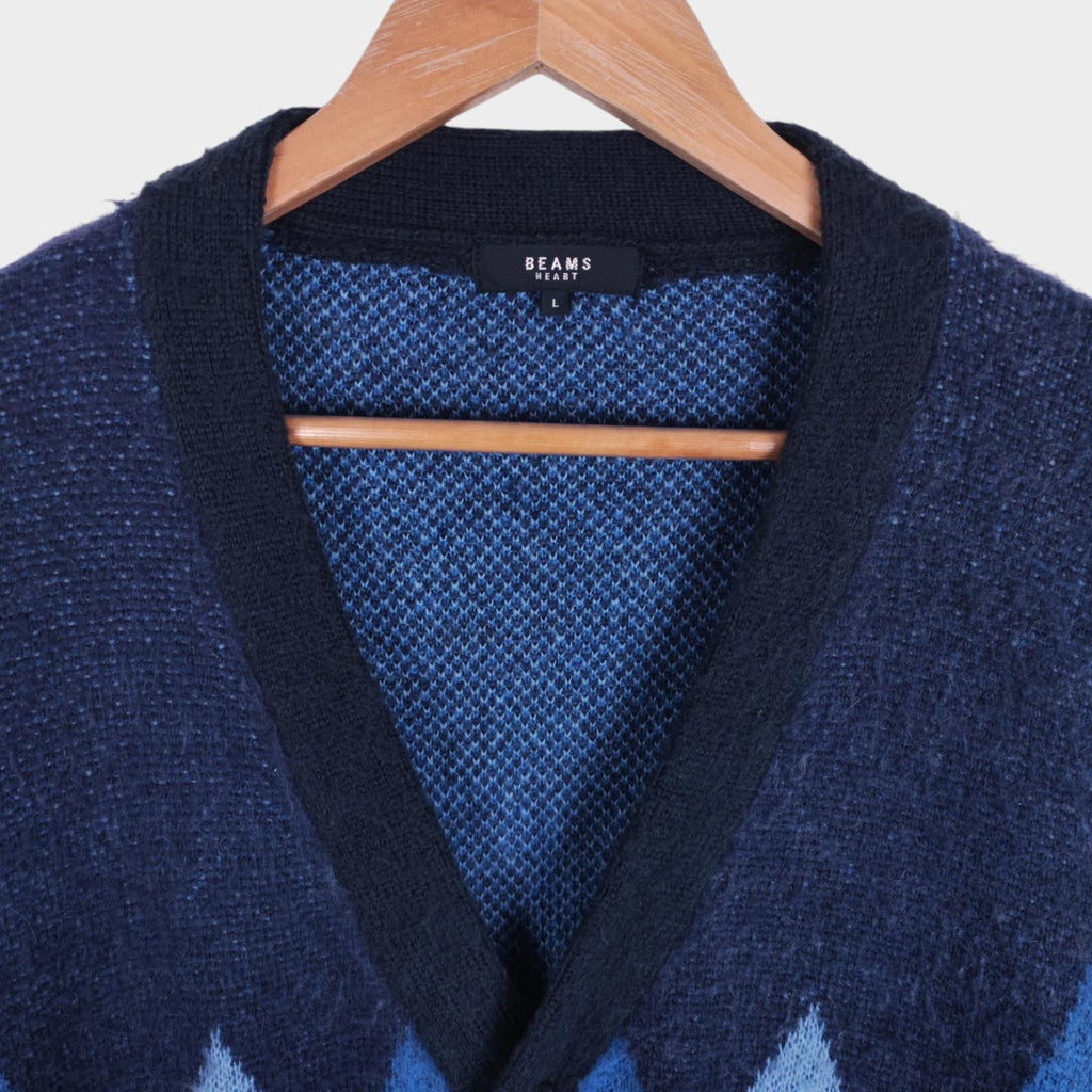 BEAMS HEART Men's Blue Mohair Blend Shaggy Grunge Argyle Cardigan