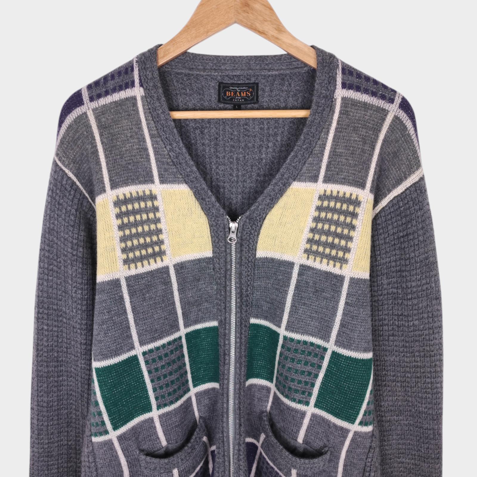 BEAMS PLUS Men's 100% Wool Knitted Colourblock Cardigan