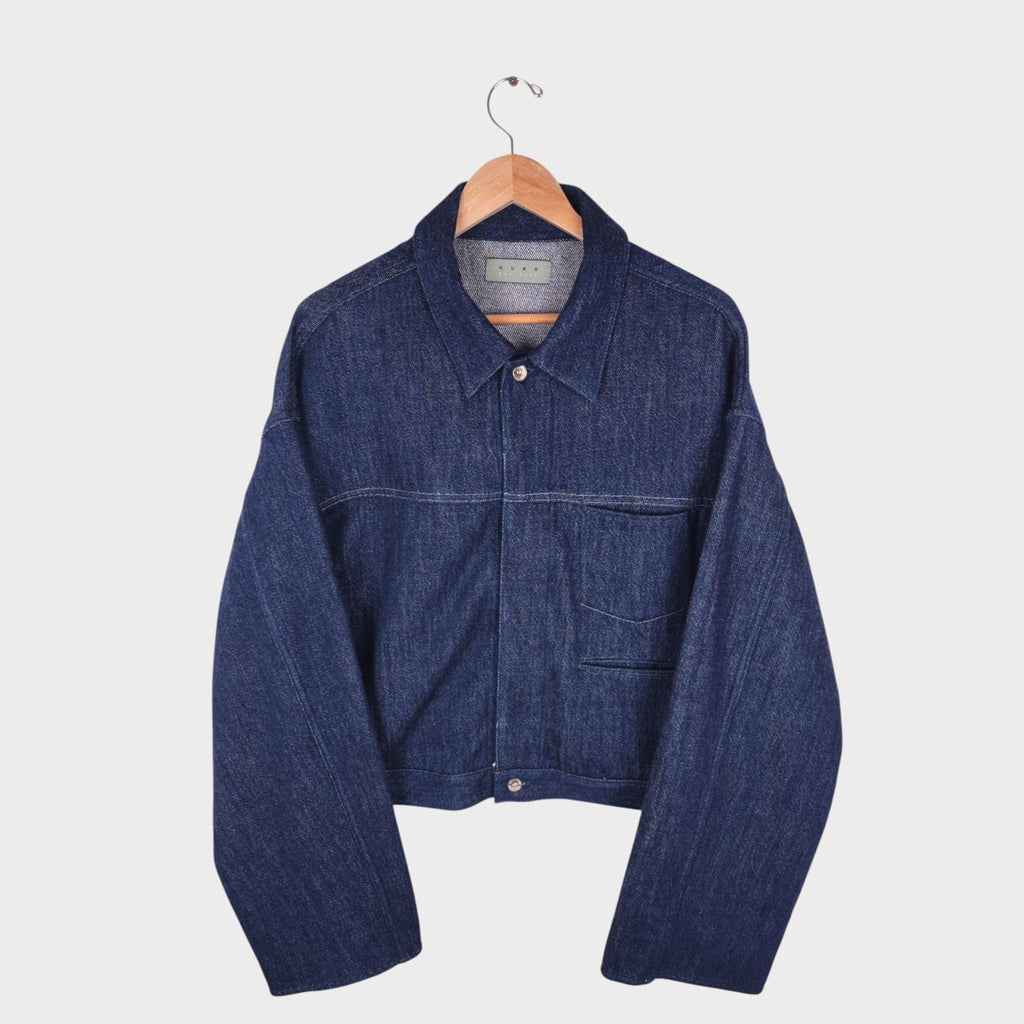 KURO Men's Blue Made in Japan Cropped Boxy Fit Raw Oversized Sleeve Denim Jacket