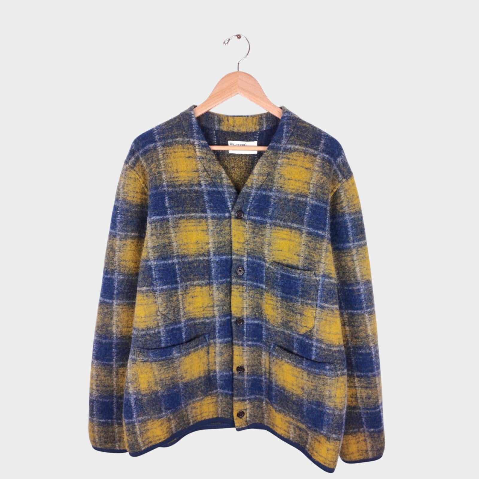 UNIVERSAL WORKS Men's Blue/Yellow Checked Wool Fleece Cardigan