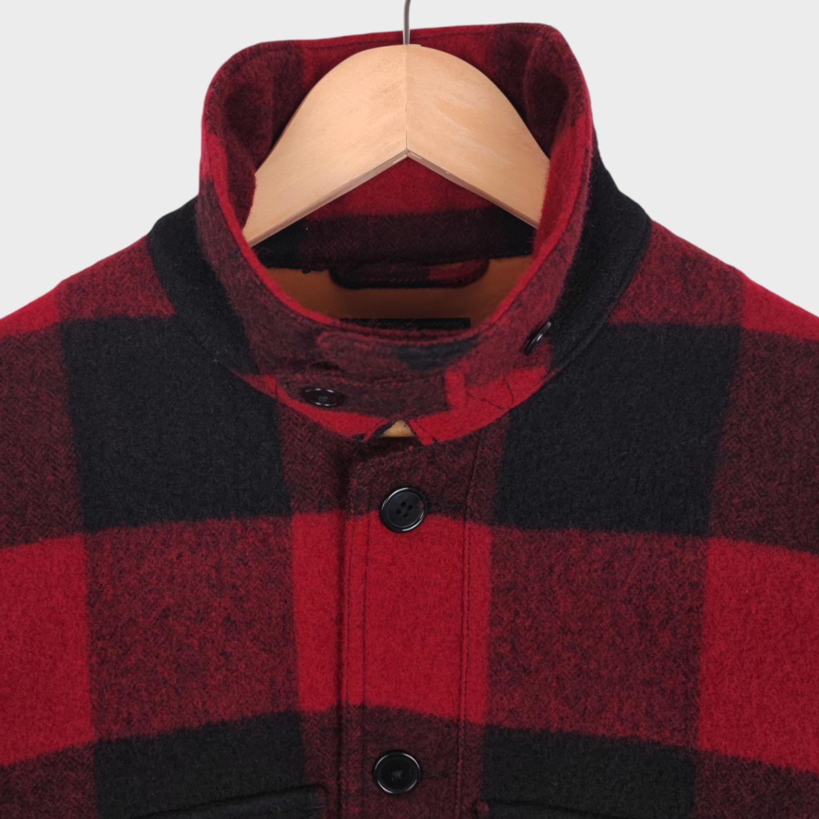BEAMS PLUS Men's Red/Black Buffalo Wool Blend Check Mackinaw Cruiser Jacket