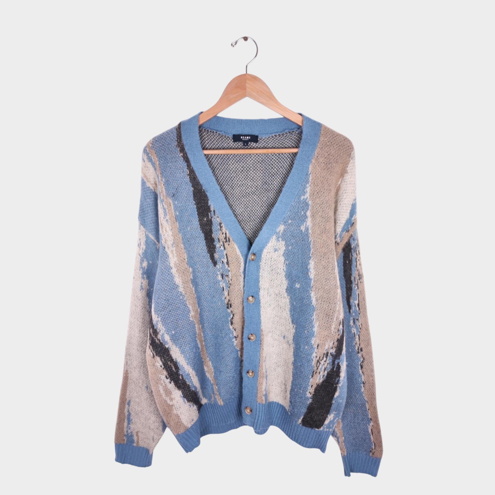 BEAMS HEART Men's Blue Marble Jacquard Shaggy Grunge Cardigan
