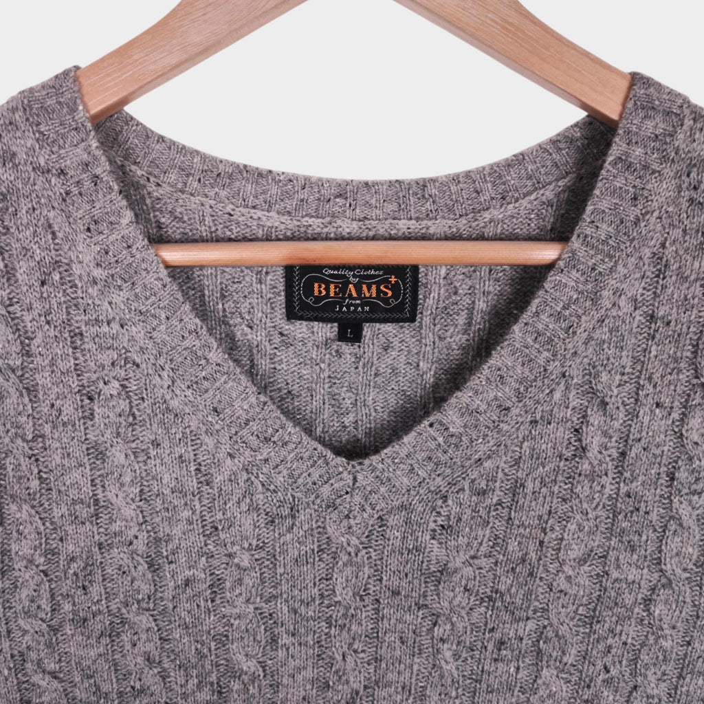 BEAMS PLUS Men's Grey Wool Silk Blend Cable Knit Vest