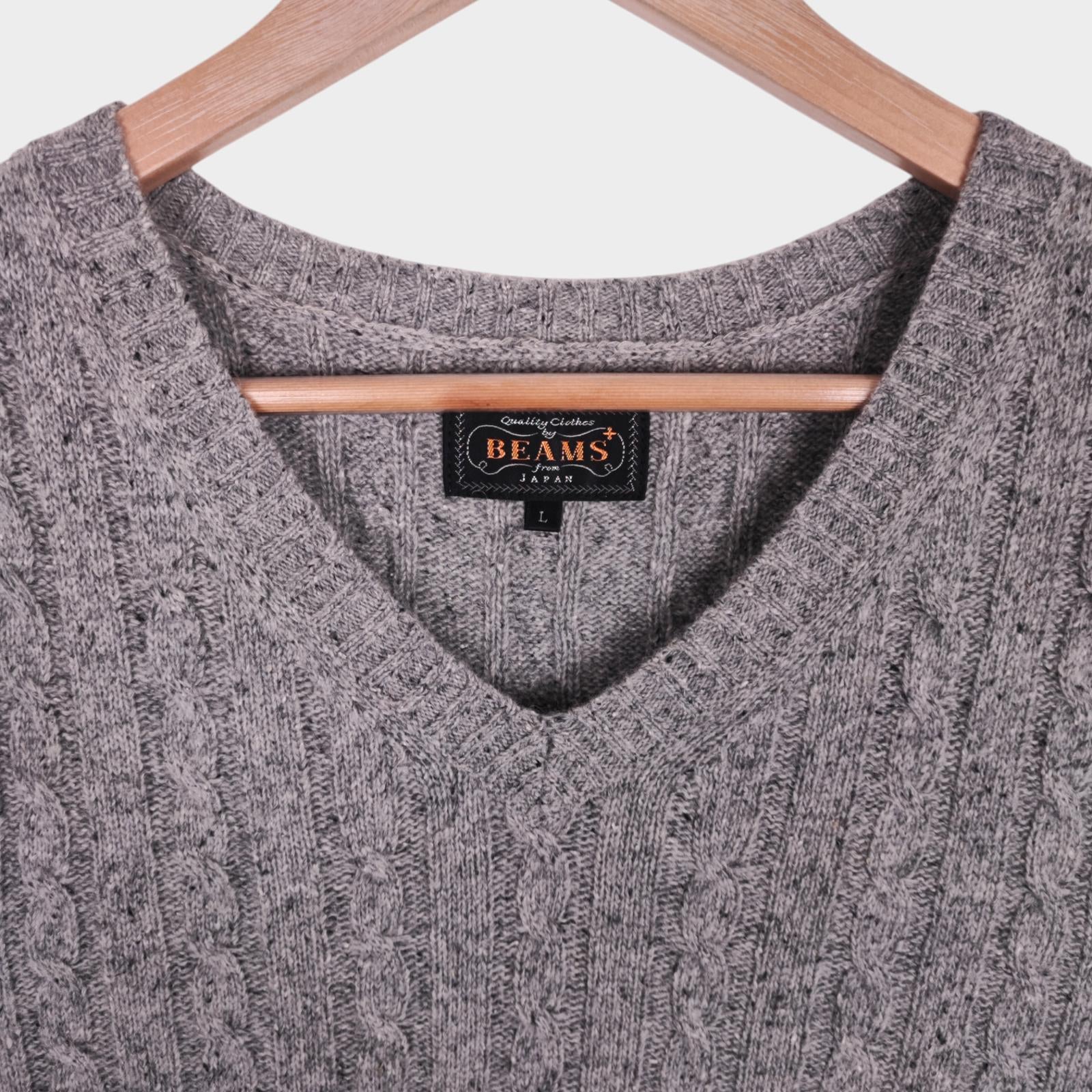 BEAMS PLUS Men's Grey Wool Silk Blend Cable Knit Vest