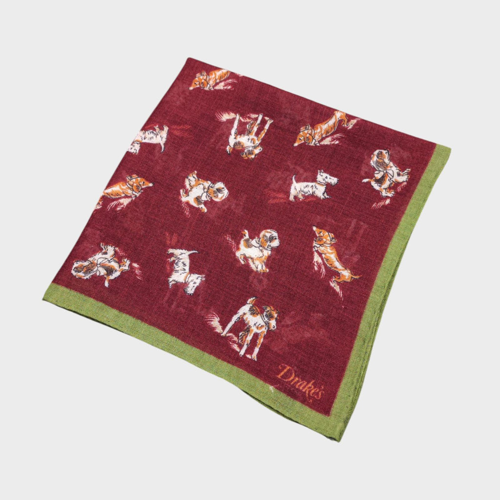 DRAKE'S Wool/Silk Made in Italy Burgundy Dog Print Pocket Square