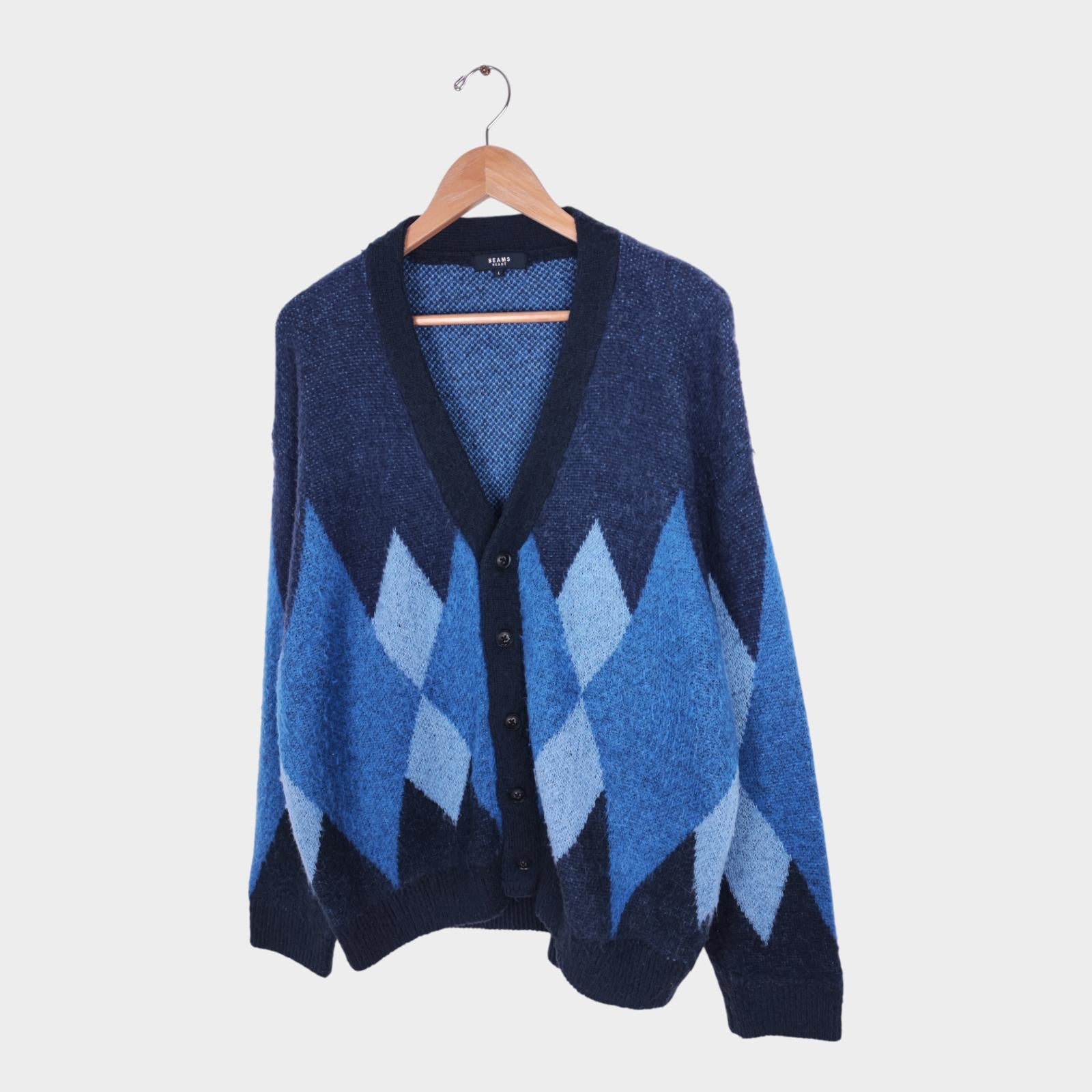 BEAMS HEART Men's Blue Mohair Blend Shaggy Grunge Argyle Cardigan