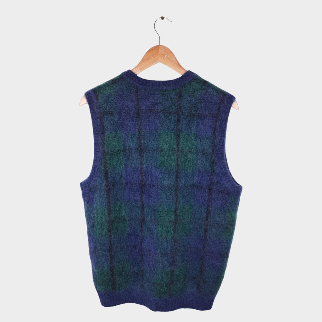 BEAMS PLUS Men's Navy/Green Check Shaggy Mohair Wool Blend Vest