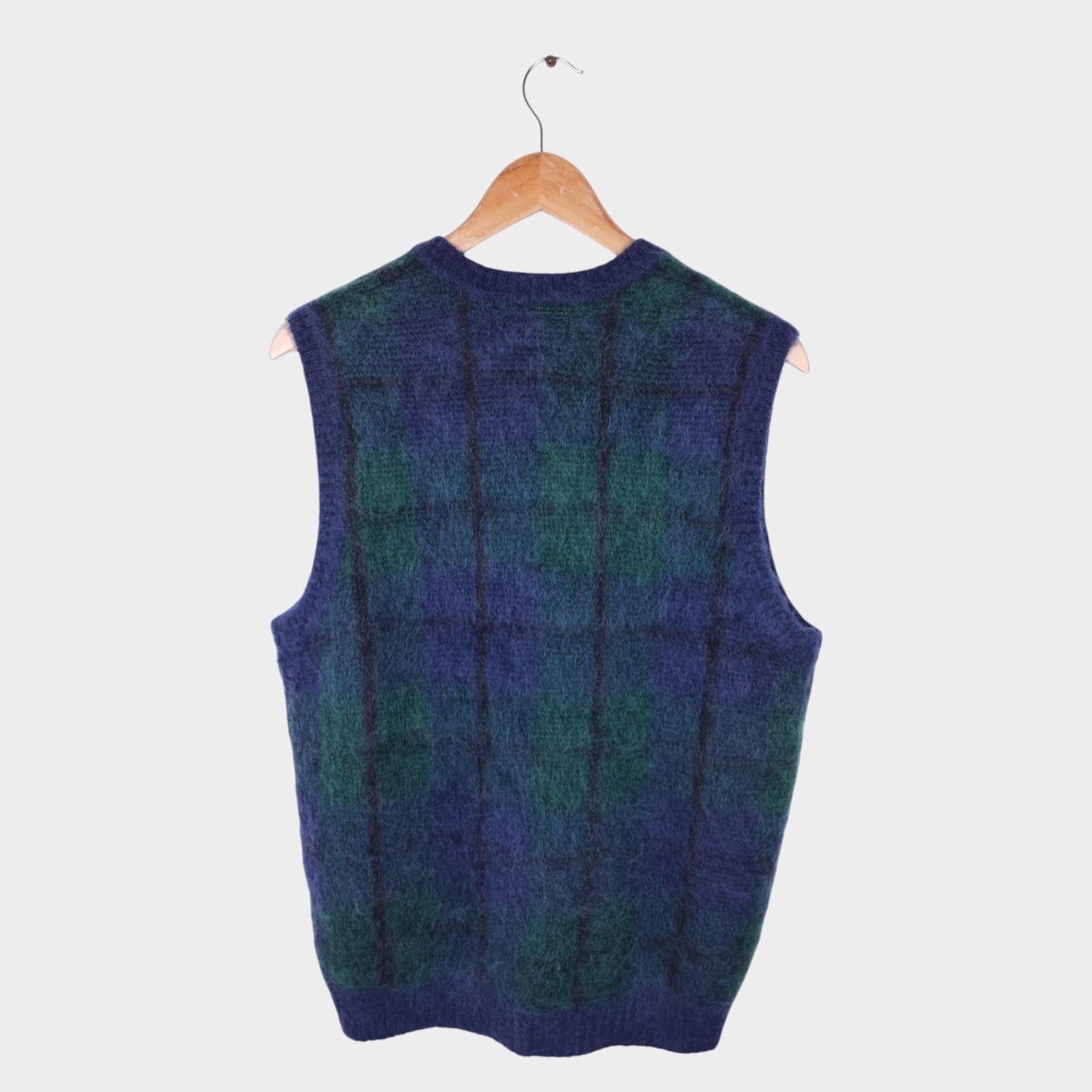 BEAMS PLUS Men's Navy/Green Check Shaggy Mohair Wool Blend Vest