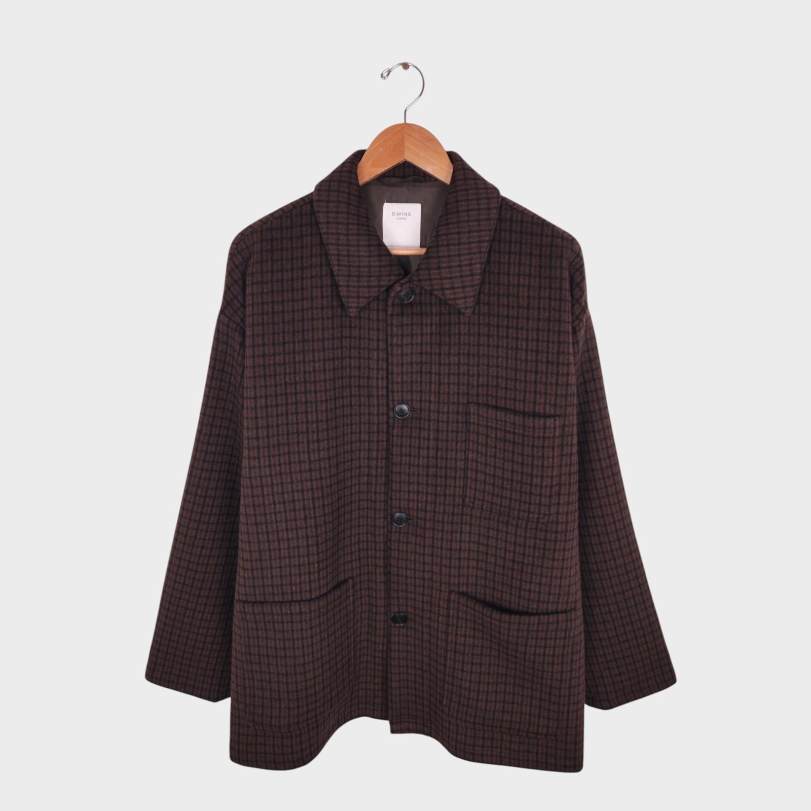 BEAMS B:MING Men's Brown Check Tasmania Wool Blend Chore Jacket