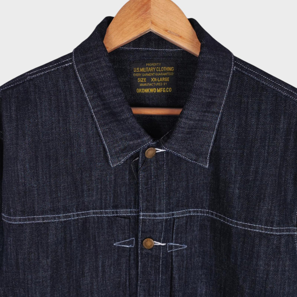 OKONKWO MFG Men's Dark Blue Embroidered Western Denim Jacket