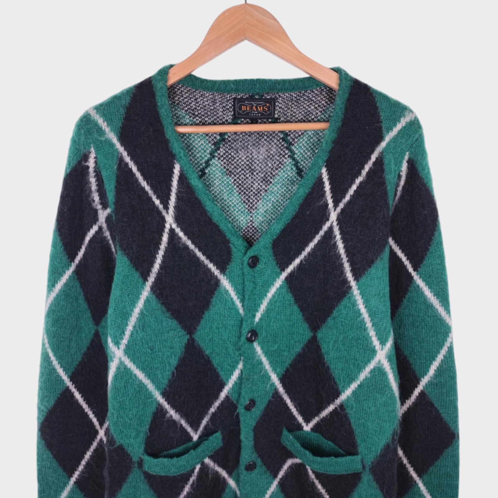 BEAMS PLUS Men's Mohair Blend Shaggy Grunge Argyle Cardigan