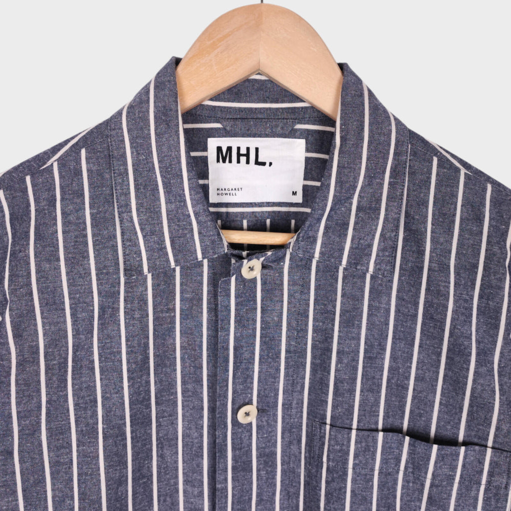 MHL MARGARET HOWELL Men's Blue Short Sleeved Striped Cotton/Linen Shirt