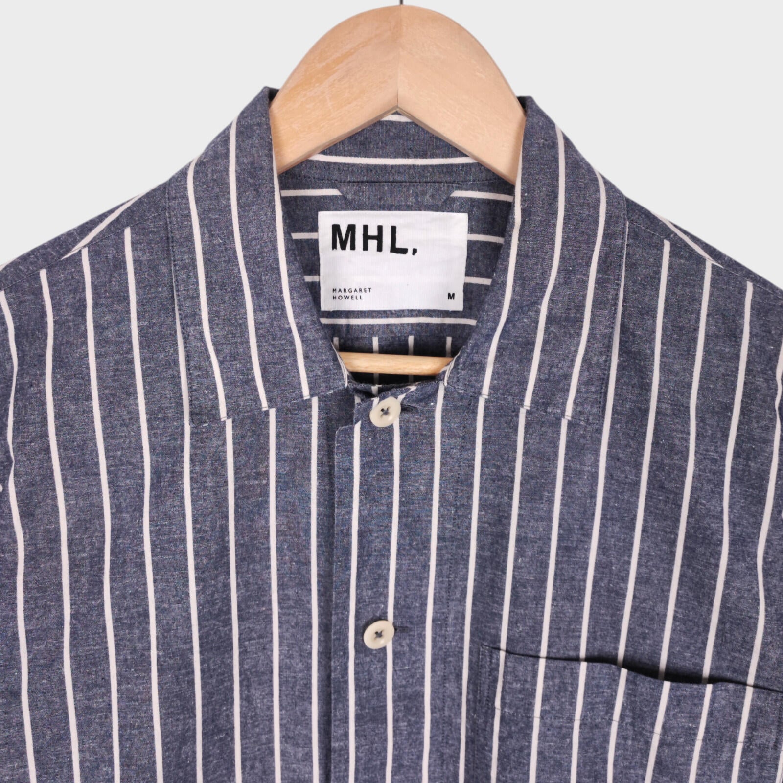 MHL MARGARET HOWELL Men's Blue Short Sleeved Striped Cotton/Linen Shirt