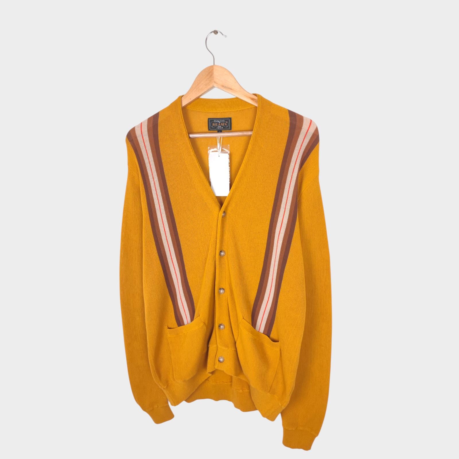 BEAMS PLUS Men's Yellow Jacquard Stripe Cotton Knitted Cardigan