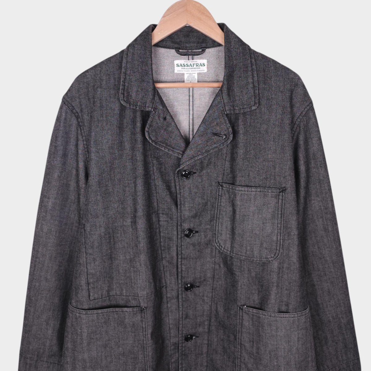 SASSAFRAS Men's Made in Japan Grey Denim Sprayer Chore Jacket