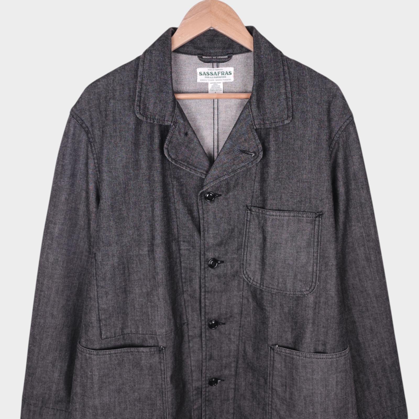 SASSAFRAS Men's Made in Japan Grey Denim Sprayer Chore Jacket