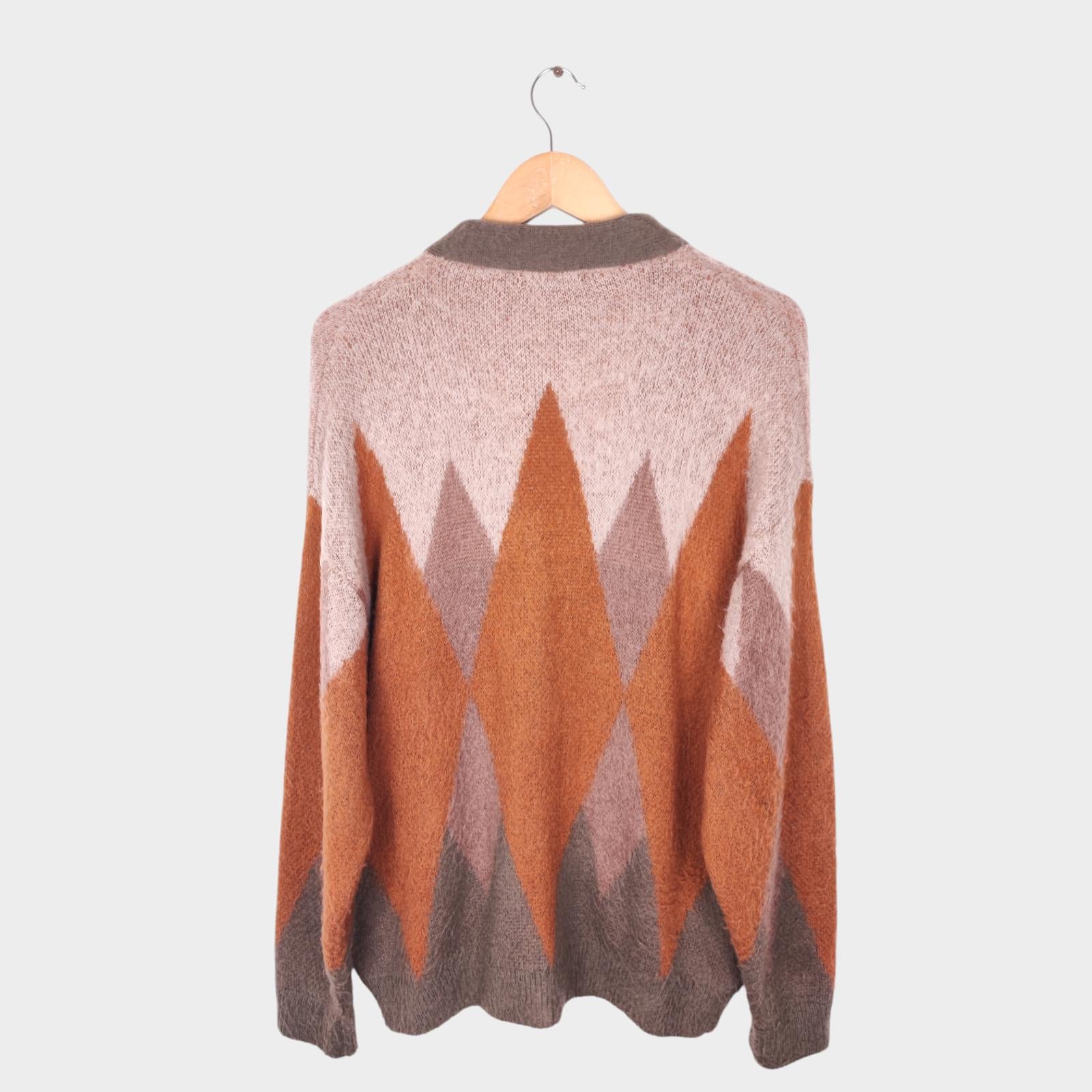 BEAMS HEART Men's Mohair Blend Shaggy Grunge Argyle Cardigan