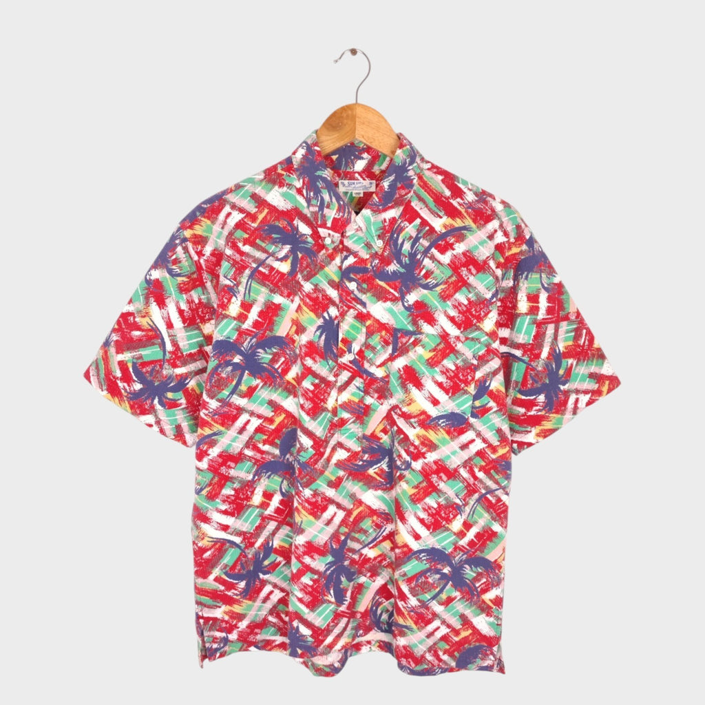 SUN SURF Men's Multicoloured Palm Tree Print Seersucker Half Placket Shirt