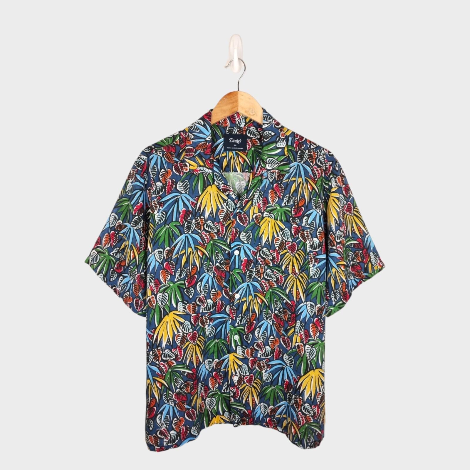 DRAKE'S Men's Leaves Print Linen Camp Collar Shirt