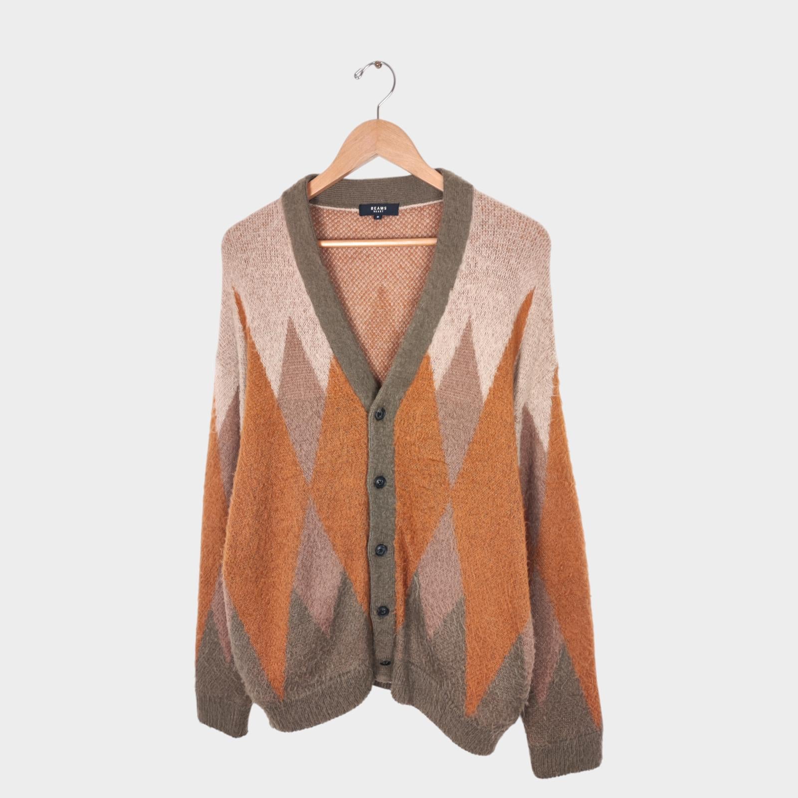 BEAMS HEART Men's Mohair Blend Shaggy Grunge Argyle Cardigan