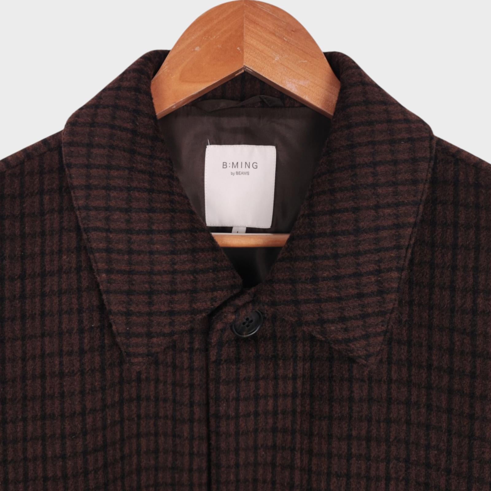 BEAMS B:MING Men's Brown Check Tasmania Wool Blend Chore Jacket