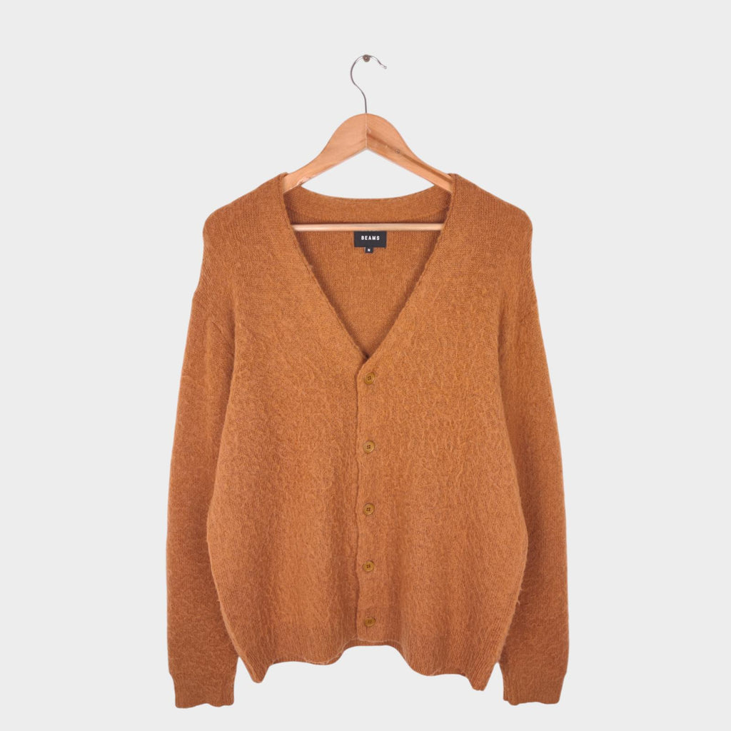 BEAMS Men's Tan/Camel Mohair Blend Shaggy Grunge Cardigan