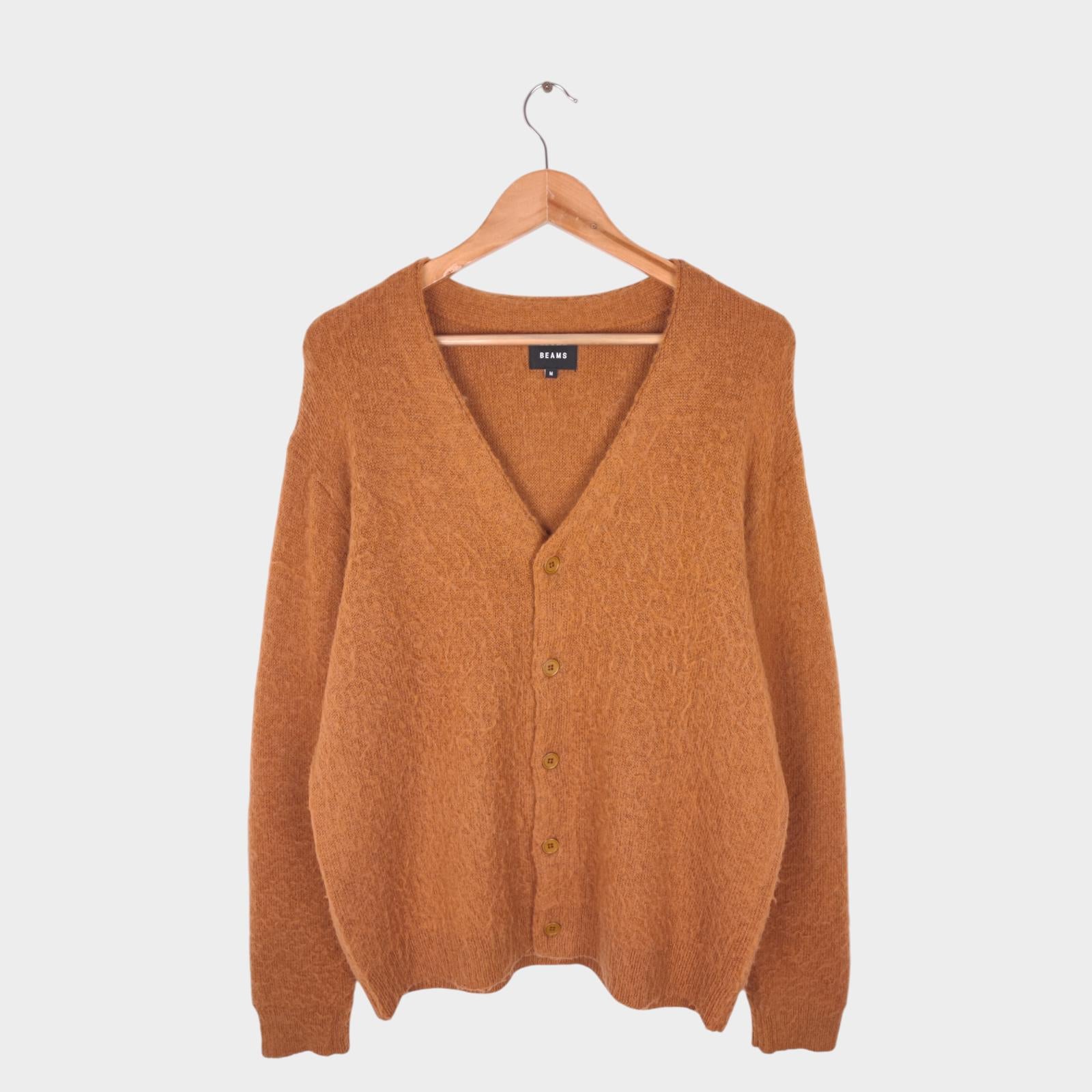 BEAMS Men's Tan/Camel Mohair Blend Shaggy Grunge Cardigan